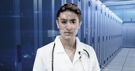 Image of handwritten mathematical equations and data over portrait of biracial female doctor in co