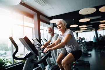 Fototapeta na wymiar Active sporty senior couple exercising on exercise bike in the gym.