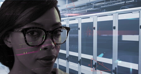 Digital composite merges math equations and a woman in a server room, symbolizing global networking.