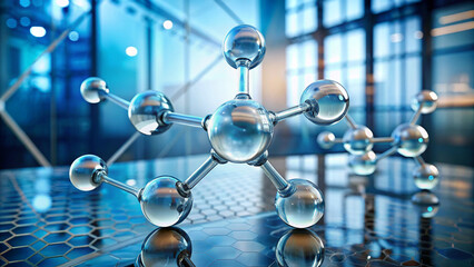Modern Science Concept: 3D Glass Molecule Model in High-Tech Office Environment
