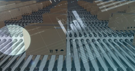 Image of statistics and data processing over cardboard boxes on conveyor belts