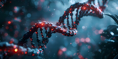 Blue 3d DNA model medical molecules science Genetic Secrets blurred background - obrazy, fototapety, plakaty