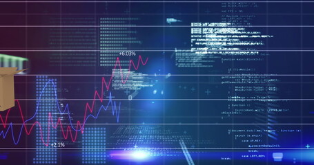 Image of binary coding and data processing over cardboard boxes moving