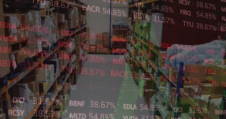 Image of stock market and financial data processing over empty warehouse