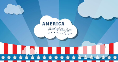 Image of america land of the free text over rocket and clouds