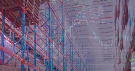 Image of financial data processing over empty warehouse