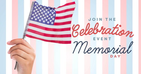Image of join the celebration event memorial day text over hand holding american flag