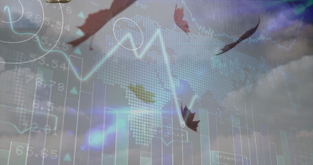 Image of financial data processing over leaves falling and sky