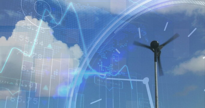 Image of financial data processing over electric windmill - Powered by Adobe