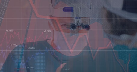 Image of financial data over caucasian male surgeon during operation