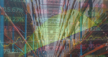 Image of stock market and financial data processing over empty warehouse