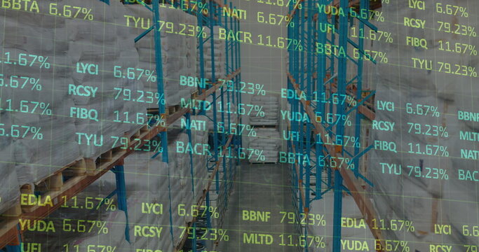 Image of stock market and financial data processing over empty warehouse