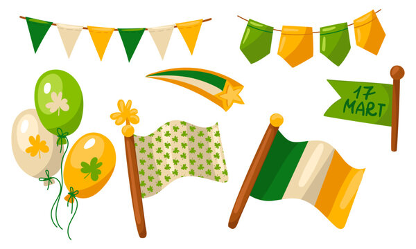 Set of flags, flags, balloons for St. Patrick's Day. Vector Irish holiday of St. Patrick's Day. A collection with an Irish flag, a flag with clovers, balloons, a star. Hand-drawn illustration. banner