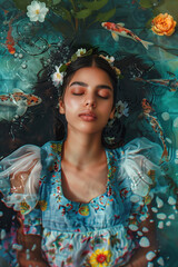 Tranquil and surreal image of a woman floating in water surrounded by fish and florals