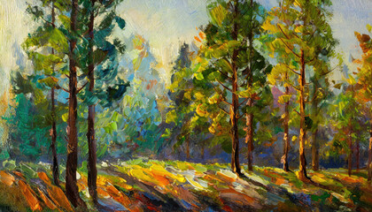 Fototapeta premium An acrylic style painting of large trees in a forest