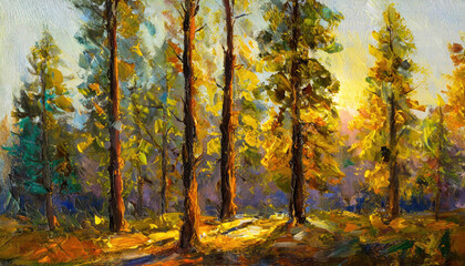 An acrylic style painting of large trees in a forest