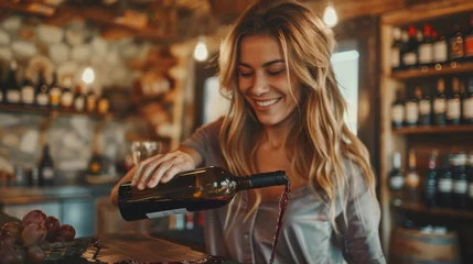 Fotobehang Joyful woman pouring red wine with a smile in a cozy home setting © Fat Bee