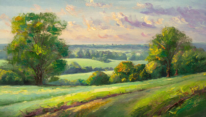 An acrylic style painting if the green English countryside in Summer