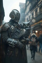 Fototapeta na wymiar Armored Knight and Mechanical Owl Companion in Steampunk City Streets