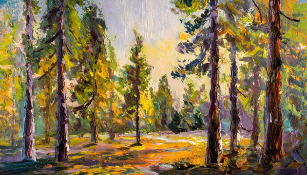 An acrylic style painting of large trees in a forest