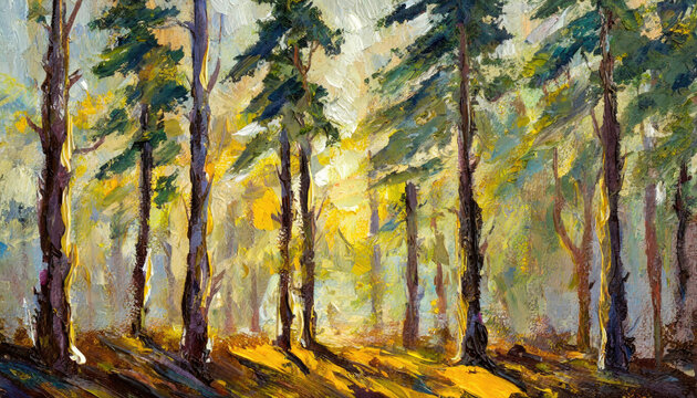 An acrylic style painting of large trees in a forest