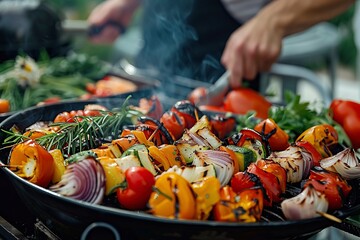 Person Grilling Vegetables on Large Grill - obrazy, fototapety, plakaty