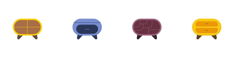 Set of colored bedside tables vector icons. Bright color logo of the cabinet. Home furniture interior concept. Cozy bedside tables vector.