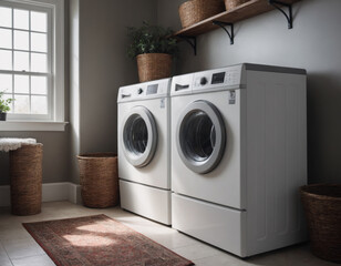 Rustic Laundry Room with Woven Baskets and Warm Decor