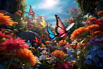 Fototapeta na wymiar Surreal Butterfly Garden: A surreal garden filled with colorful butterflies, creating a whimsical and enchanting atmosphere.