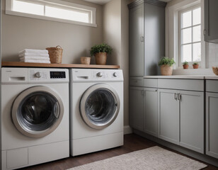 Sophisticated Laundry Room with Elegant Grey Cabinetry and Wooden Worktop