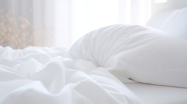 White folded duvet lying on white bed background. Preparing for winter season, household, domestic activities, hotel or home textile