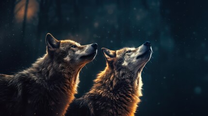 wolves howl on a rock at night in forest background
