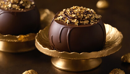 Chocolate truffles with nuts and chocolate glaze on dark background