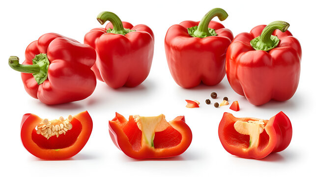Set of fresh whole and sliced sweet red pepper isolated on white background. generative ai 