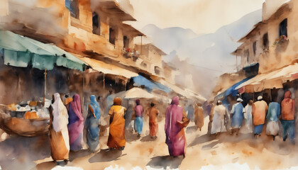Bustling Market Street in Watercolor - obrazy, fototapety, plakaty