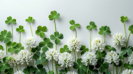 White clover flowers with clover leaves on white background with copy space. Generative AI.