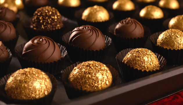 Chocolate candies in a box, close-up, selective focus