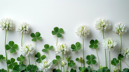 White clover flowers with clover leaves on white background with copy space. Generative AI. - obrazy, fototapety, plakaty