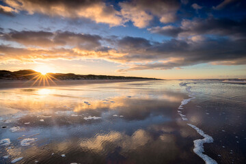 golden beautiful sunrise on Dutch sea coast - 757951947