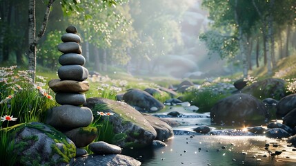 Harmony visualized by a perfectly balanced stack of smooth stones beside a gentle stream