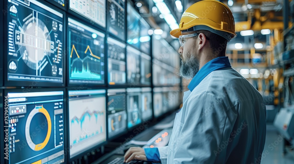 Leinwandbilder An engineer standing in front of computer screens showing some graphs related to energy generation inside of a nuclear power plant. Generative AI.