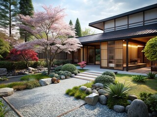 Naklejka premium Transform Your Backyard with Authentic Japanese Garden Design of a modern house generative ai
