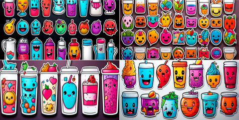 collection of stickers with different messages in pop art style, colors and images, soft and rounded shapes DRUG