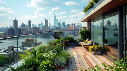 a hip urban rooftop garden with a panoramic view  attractive look - obrazy, fototapety, plakaty