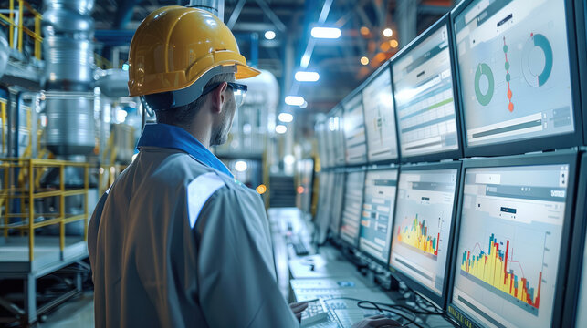 An engineer standing in front of computer screens showing some graphs related to energy generation inside of a nuclear power plant. Generative AI.