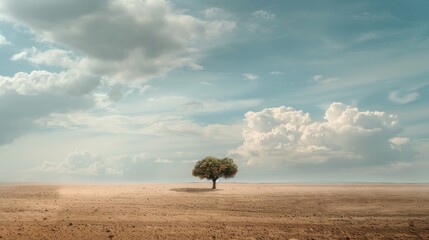 Isolation depicted by a single tree in a vast, empty desert under a stark sky
