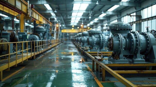 An expansive industrial setting with multiple small grey pumps at factory floor. Generative AI.