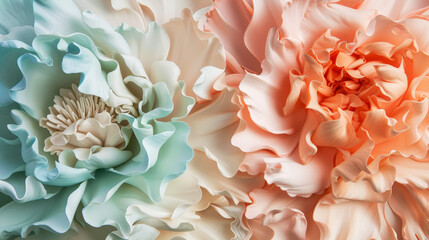 The flowers, reminiscent of sculpture. In pastel pink and blue tones. Abstract trendy background. Generative AI