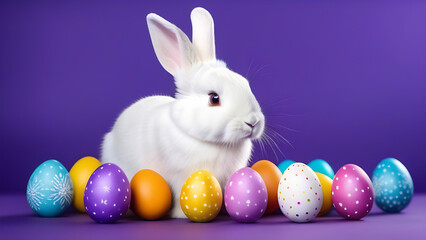 Cute rabbit with Easter eggs on purple background. Easter postcard with free space for text