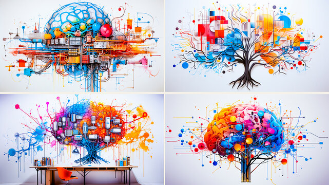 Unique and colorful brain design. Collage elements add depth and interest. Socially active concept. The combination of black, white and bright colors creates a visual impact.